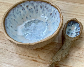 Hand-carved pottery bowl and spoon set