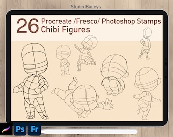 26 pose in stile Chibi, set di pennelli a timbro (Procreate, Photoshop)