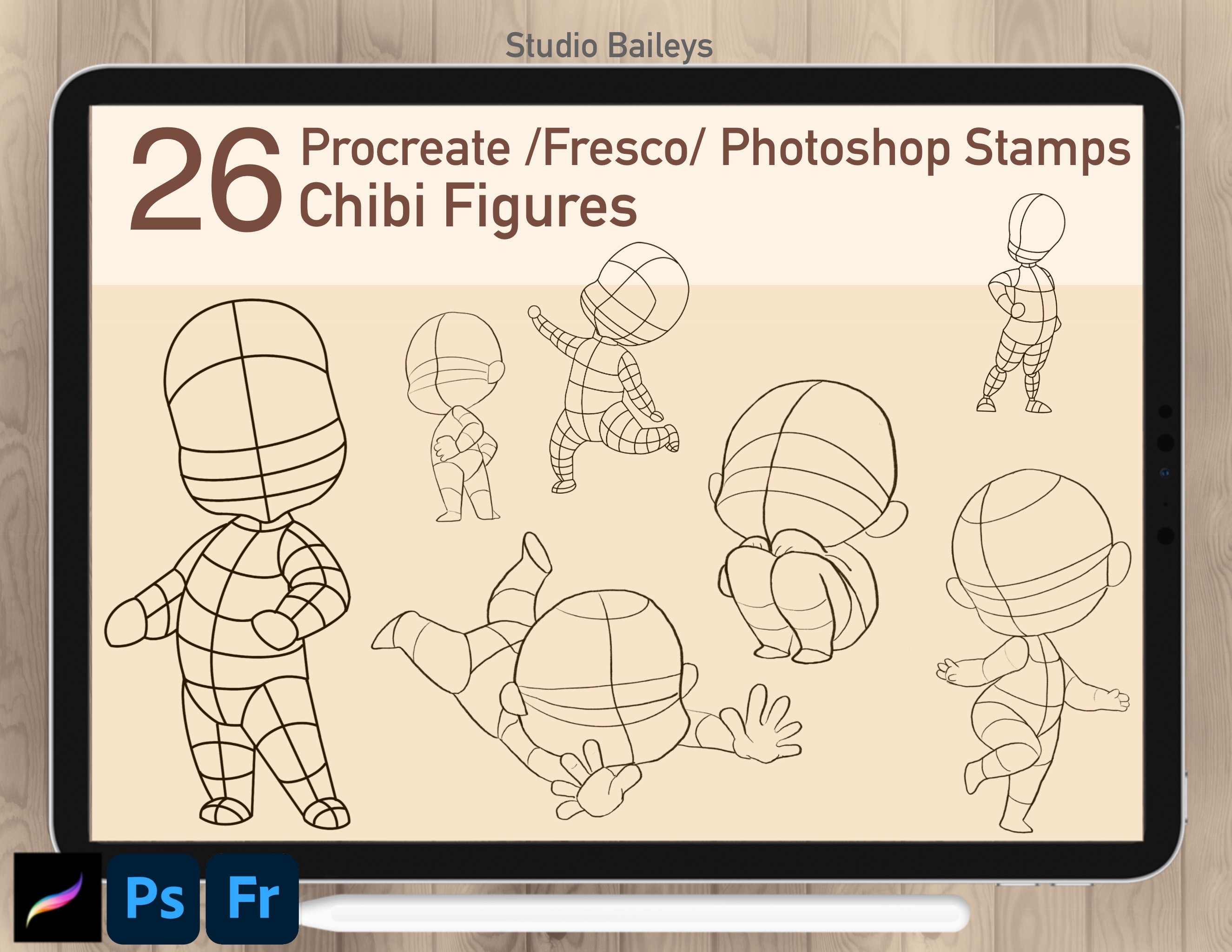 26 Chibi Figure Pose Stamps for Procreate & Photoshop â Kawaii Anime Body Guide Brushes