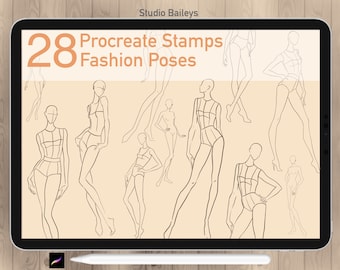 28 Procreate Fashion Models Figures Stamps, Fashion Model Guide , Procreate Fashion Poses Sketch, Procreate elegant poses,  Commercial Use