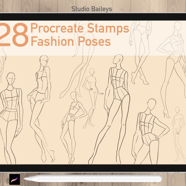 28 Procreate modele mody figurki znaczków, przewodnik po modelach mody, Procreate szkic pozy mody, Procreate eleganckie pozy, zastosowanie komercyjne