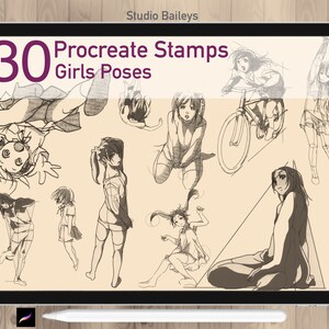 Op de afbeelding: Een digitaal tabletscherm waarop 30 Procreate Stamps Girls Poses te zien zijn. Het scherm toont verschillende poses van vrouwelijke figuren in een schetsstijl.