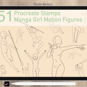 May include: 51 Procreate Stamps Manga Girl Motion Figures. A digital illustration of 51 different poses of a manga girl in various actions, including stretching, holding a staff, and playing sports.