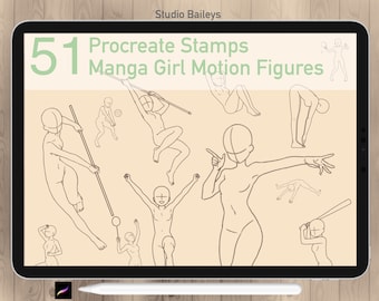 51 Manga Motion Pose Stamps Guide. Figure Stamps Procreate Brushes, Figures Stamps Brushes, Brushes For Help Drawing Portrait, PNG included