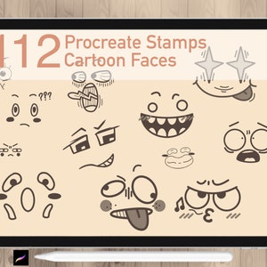 May include: A digital tablet screen displaying 112 Procreate Stamps Cartoon Faces. The screen shows a variety of cartoon faces with different expressions, including happy, sad, angry, surprised, and confused.