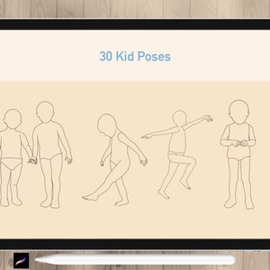 Może przedstawiać: Cyfrowa ilustracja przedstawiająca 30 dziecięcych poz, wykonana w czarnej kresce na beżowym tle. Tytuł "30 Kid Poses" znajduje się w g&oacute;rnej części obrazu.
