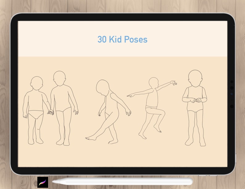 Może przedstawiać: Cyfrowa ilustracja przedstawiająca 30 dziecięcych poz, wykonana w czarnej kresce na beżowym tle. Tytuł "30 Kid Poses" znajduje się w g&oacute;rnej części obrazu.