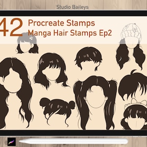 47 Selos de penteados de mangá Procreate Selos de cabelo de mangá Guia de carimbos de penteados de anime. Procriar cabelo para personagem Chibi - uso comercial