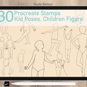 30 Procreate Kid Body Pose Stamps Guide. Procreate Children Figures Full Body Dynamic Figure. Procreate Child Fashion Anatomy Reference