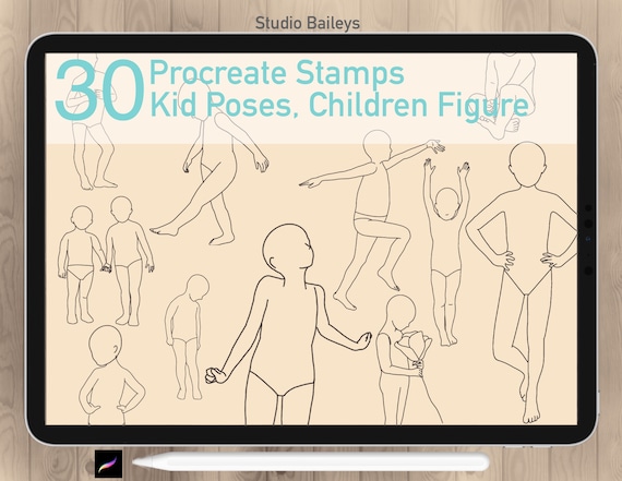 30 Procreate Kid Body Pose Stamps Guide. Procreate Children Figures Full Body Dynamic Figure. Procreate Child Fashion Anatomy Reference