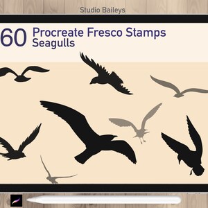 May include: A digital tablet screen displaying a set of 60 Procreate Fresco Stamps of seagulls. The image shows a variety of seagull silhouettes in black on a light beige background. The text "60 Procreate Fresco Stamps Seagulls" is displayed in blue on the screen.