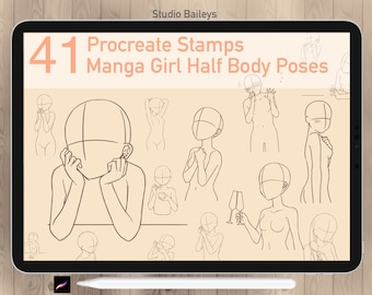 41 Procreate Manga Poses Stamps, Anime Girl figure , Comic drawing guide, Procreate Anime Woman Body, Procreate Manga Guide Commercial Use