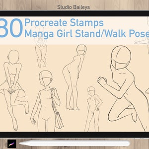 145 Anime Girls Standing Poses Guides Stamps for Procreate 