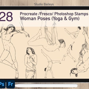 May include: A digital tablet displays a collection of 28 Procreate, Fresco, and Photoshop stamps featuring woman poses for yoga and gym activities. The image includes line art illustrations of women in various yoga and exercise positions.
