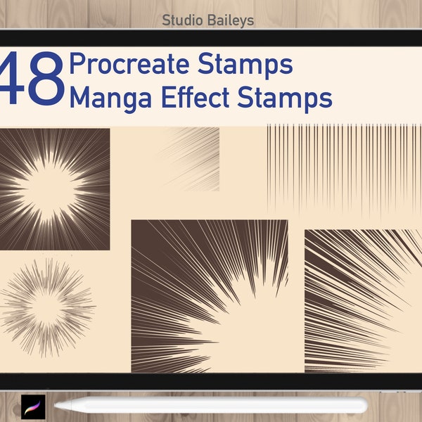 48 Procreate Manga Line Effect, Comic Effect, Procreate Manga Template Guide, Anime Effect Stamps, Comic explosion, PNG inclus