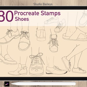 Puede incluir: Una ilustración digital de 80 sellos de Procreate con diferentes estilos de zapatos. La imagen muestra una variedad de zapatos, incluyendo zapatillas, sandalias, botas y zapatos de vestir. Los zapatos están dibujados en un estilo simple, de línea.