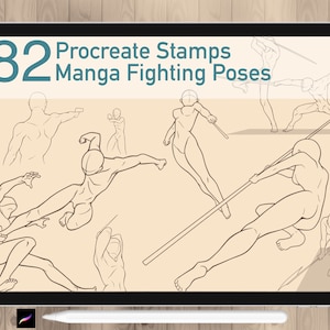 82 pinceaux de tampons Procreate Fighting, Procreate Anime Fight Body Poses, Procreate Lineart Stamps Set. Guide de dessin de référence manga masculin.