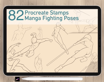 82 Procreate Fighting Stamp Brushes, Procreate Anime  Fight Body Poses, Procreate Lineart Stamps Set. Manga Male Reference Drawing Guide.