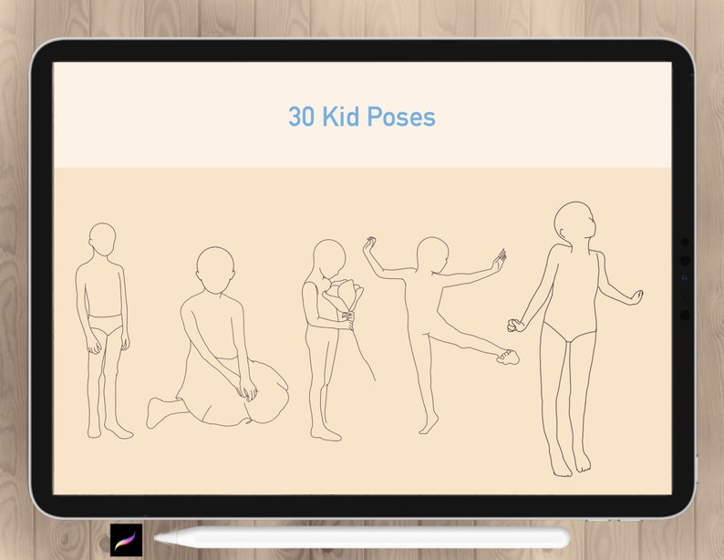 Może przedstawiać: Cyfrowa ilustracja przedstawiająca 30 r&oacute;żnych p&oacute;z dzieci na beżowym tle. Tytuł "30 Kid Poses" znajduje się w g&oacute;rnej części obrazu.