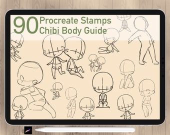 90 Chibi Figure Pose, Procreate Chibi Stamp Body Guide Brush Figura Manga Kawaii Cartoon, Procreate Anime, Procreate kids Figure