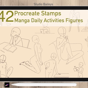 May include: A digital illustration of 42 Procreate stamps featuring manga figures in various daily activities. The figures are in black and white line art style and are shown in poses such as reading, sitting, and standing.