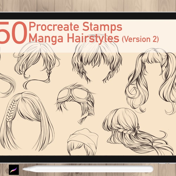 52 Procreate Manga Hairstyles Stamps. Anime Boys and Girls Hairstyle Stamp Guide. Procreate Hair Brushes For Chibi Character.Commercial Use