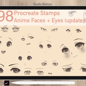 May include: A digital tablet screen displaying 98 Procreate Stamps Anime Faces + Eyes (updated). The screen shows a variety of anime eyes and faces in black and white.