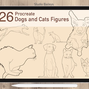 May include: A digital illustration of 26 black and white line drawings of dogs and cats in various poses on a beige background. The text "Procreate Dogs and Cats Figures" is displayed above the illustrations.