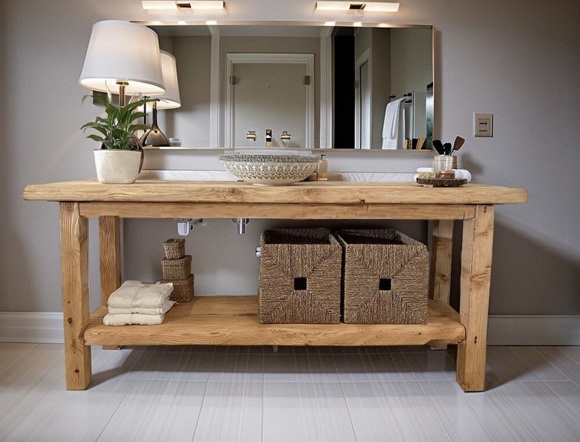 Custom Rustic Wooden Bathroom Vanity Sink Farmhouse Live Edge Table ...