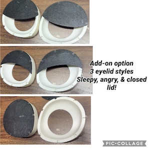Pode incluir: Molduras circulares brancas com inser&ccedil;&otilde;es pretas texturizadas representando tr&ecirc;s estilos de p&aacute;lpebras: sleepy, angry, & closed lid. O texto diz: Add-on option 3 eyelid styles Sleepy, angry, & closed lid! Estes componentes t&ecirc;m uma abertura.