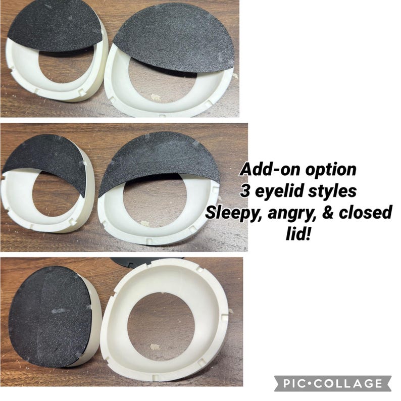 Pode incluir: Molduras circulares brancas com inser&ccedil;&otilde;es pretas texturizadas representando tr&ecirc;s estilos de p&aacute;lpebras: sleepy, angry, & closed lid. O texto diz: Add-on option 3 eyelid styles Sleepy, angry, & closed lid! Estes componentes t&ecirc;m uma abertura.