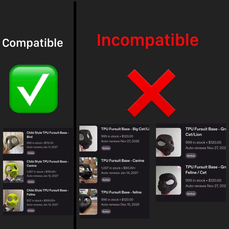 Pode incluir: Uma tabela comparativa com o texto Compatible e Incompatible. O lado Compatible mostra tr&ecirc;s listagens de bases de fursuit de TPU estilo Chibi para p&aacute;ssaro, canino e felino. O lado Incompatible mostra bases de fursuit de TPU para felino.