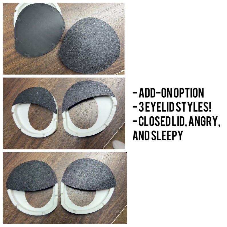 K&ouml;nnte beinhalten: Ein Set aus wei&szlig;en Kunststoff-Augenrahmen mit austauschbaren, schwarz texturierten Augenlidern. Der Text lautet: ADD-ON OPTION, 3 EYELID STYLES!, CLOSED LID, ANGRY, AND SLEEPY. Diese Komponenten erm&ouml;glichen verschiedene Gesichtsausdr&uuml;cke.