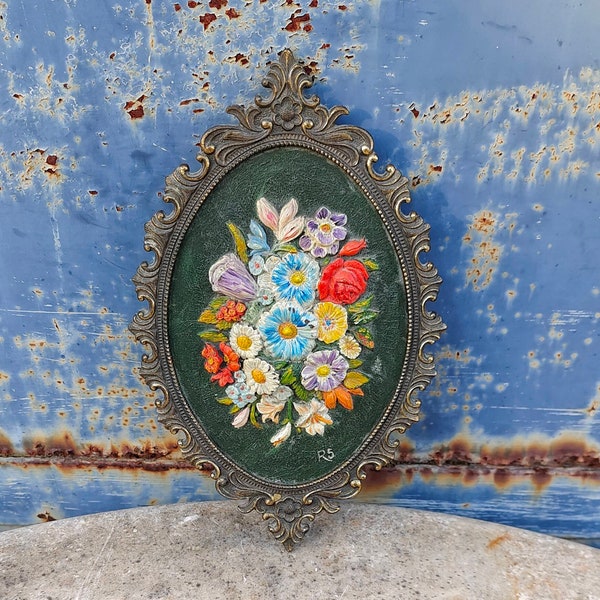 Vintage floral 3d oil panting Victorian metal framed flowers art