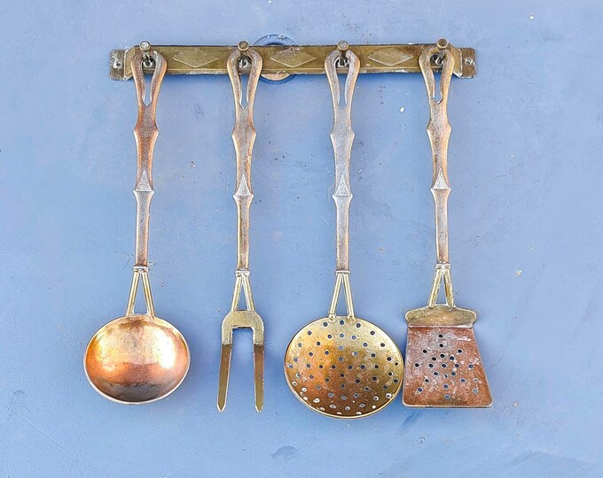 Vintage Brass Kitchen Utensils Wall Hanger Metal Serving Set Etsy