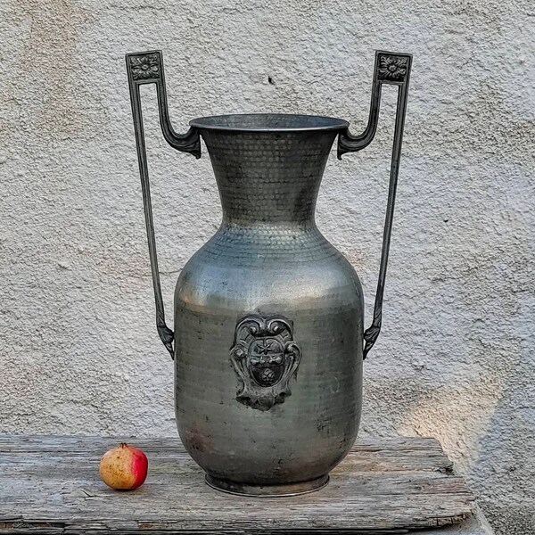 Vintage metal umbrella  stand Antique tall metal vase with handle Old garden decor