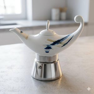 May include: A white ceramic teapot, shaped like a genie's lamp, with a curved spout and handle. It has blue and gold abstract brushstrokes and rests on a silver, stainless steel base. The teapot includes a small lid and a decorative finial.