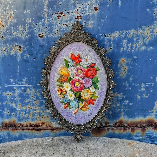 Vintage floral 3d oil panting Victorian metal framed flowers art