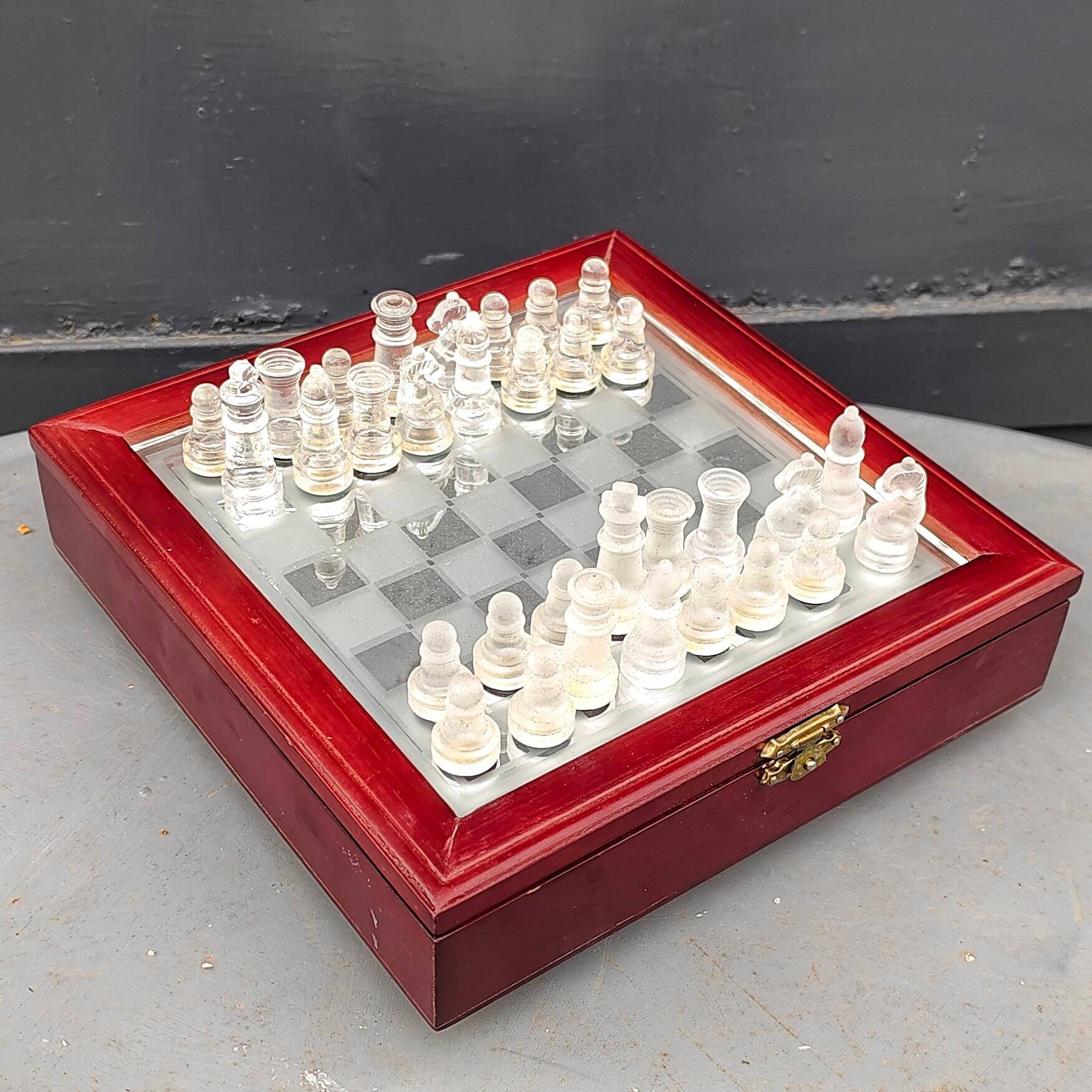GROßES GESCHENK Glas Schach Spiel Set Glas Bord Matt Schach Stück 25cm 20cm