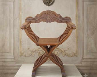 Vintage massief houten lattenbodem X-vorm stoel Savonarola Victoriaanse handgesneden meubels