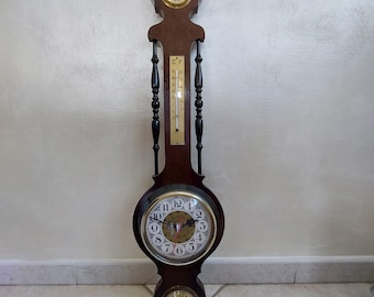 Vintage Walnut Weather Station: Barometer, Thermometer, Clock, Hygrometer (Made in Italy)