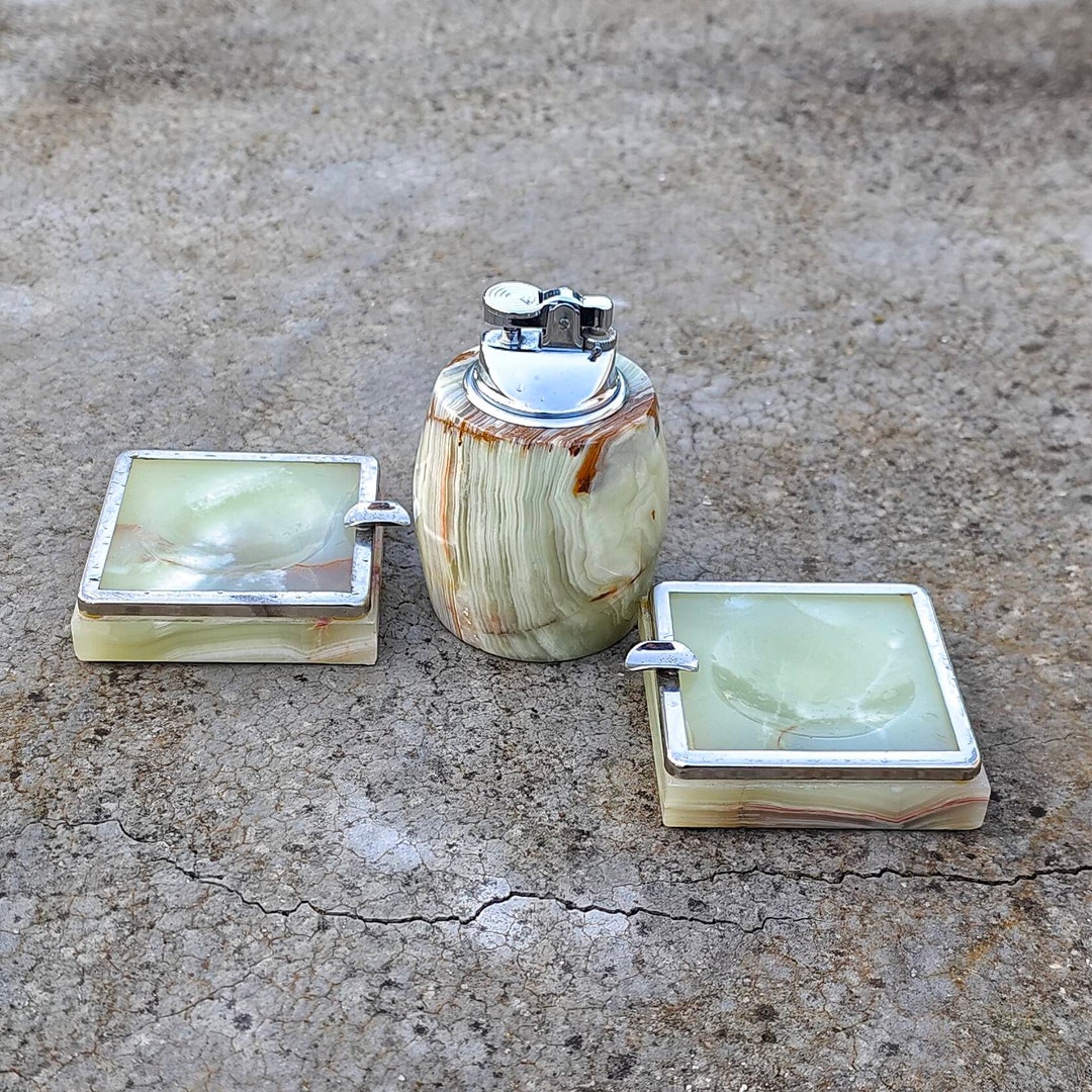 Vintage 70s Onyx Ashtrays and Lighter Stone Smoking Set Etsy