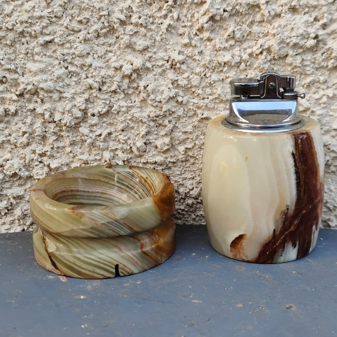 Vintage 70s Onyx Ashtrays and Lighter Stone Smoking Set Etsy