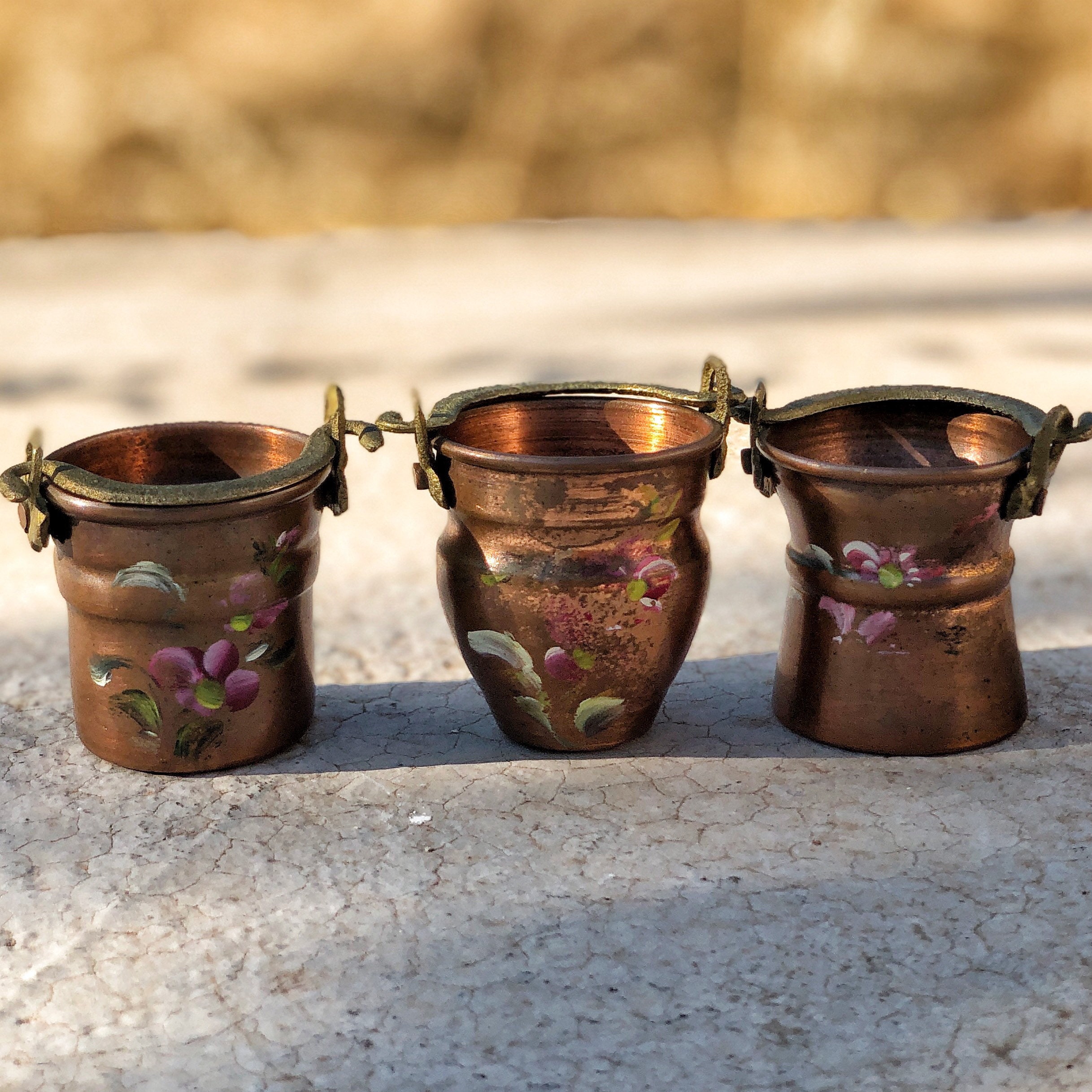 Vintage miniature brass buckets with floral print Mini copper Etsy