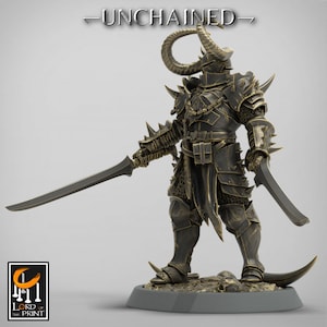 May include: A miniature figurine of a warrior in black and gold armor, holding two swords. The warrior has horns and a helmet with a horned design. The figurine is standing on a circular base with a textured surface. The text "UNCHAINED" is written above the figurine.