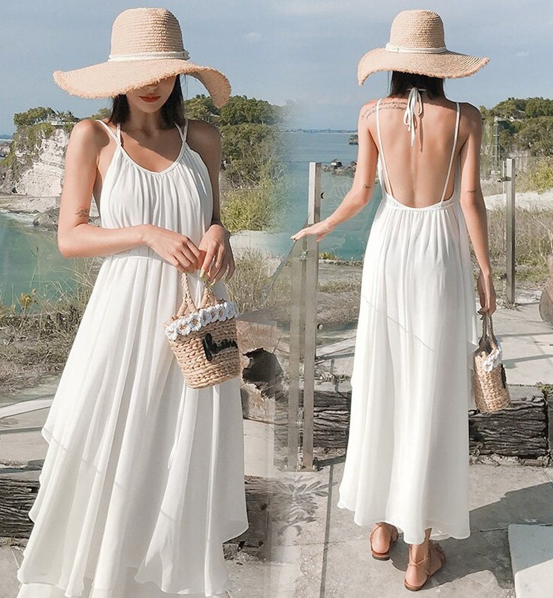 White Beach Dress Summer Sundress Backless Maxi Party | Etsy