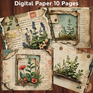 Vecchi fogli di carta strappati con fiori, carta digitale con bordi strappati con fiori, pagine strappate con fiori per scrapbooking, pagine strappate con motivi botanici stampabili