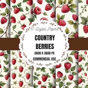 Könnte beinhalten: Digitale Papiere mit Aquarellillustrationen von roten Himbeeren, grünen Blättern und Ranken auf cremefarbenem Hintergrund. Der Text lautet "Country Berries" und "10 Digital Papers, 3600 x 3600 px, Commercial Use."