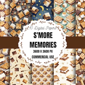 May include: A collection of 10 digital papers featuring s'more patterns with graham crackers, marshmallows, and chocolate squares. The central white label displays the text 10 Digital Papers S'MORE MEMORIES 3600 X 3600 PX COMMERCIAL USE.