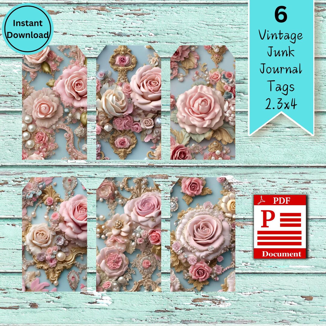 Rose Pastel Pink Tags, Rose Junk Journal Decor, Pearl Printable Tag ...